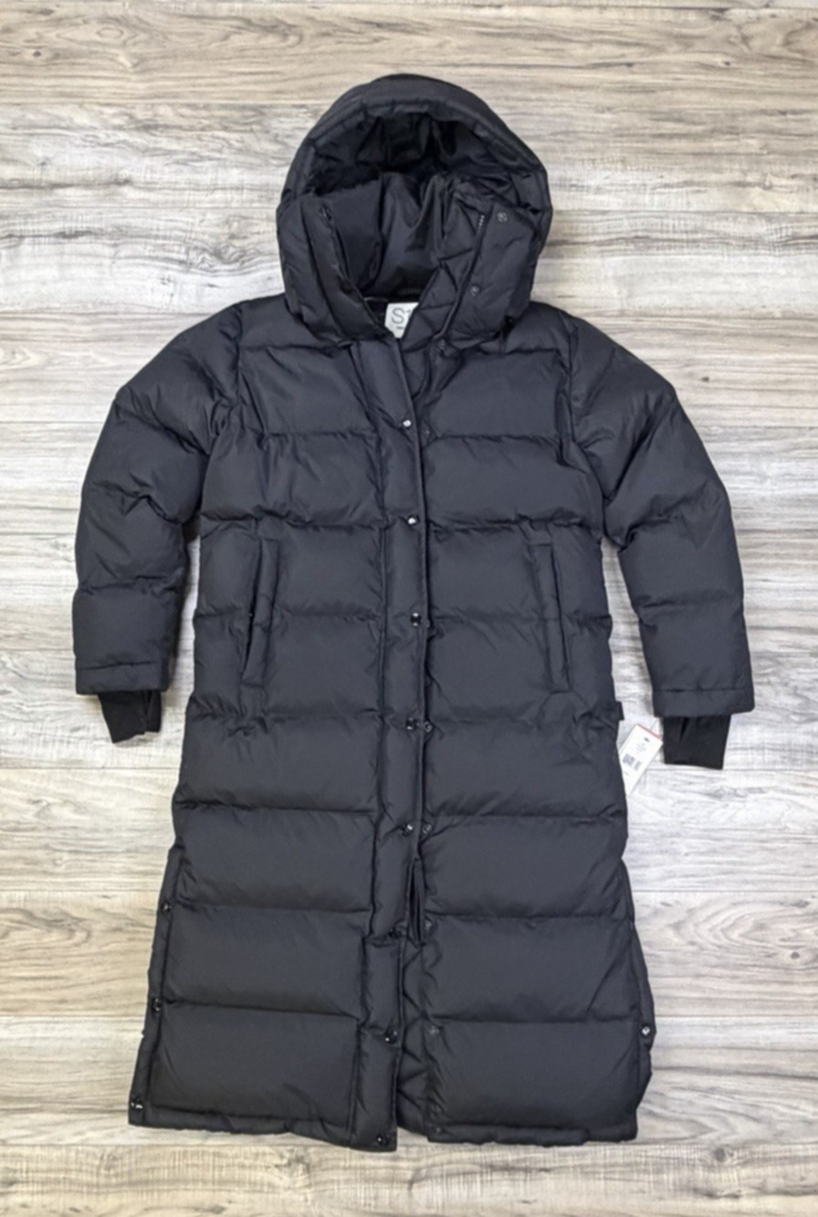 S13 Sorona Hooded Thumbhole Cuff Long Puffer Coat Jacket Black Womens Size Small
